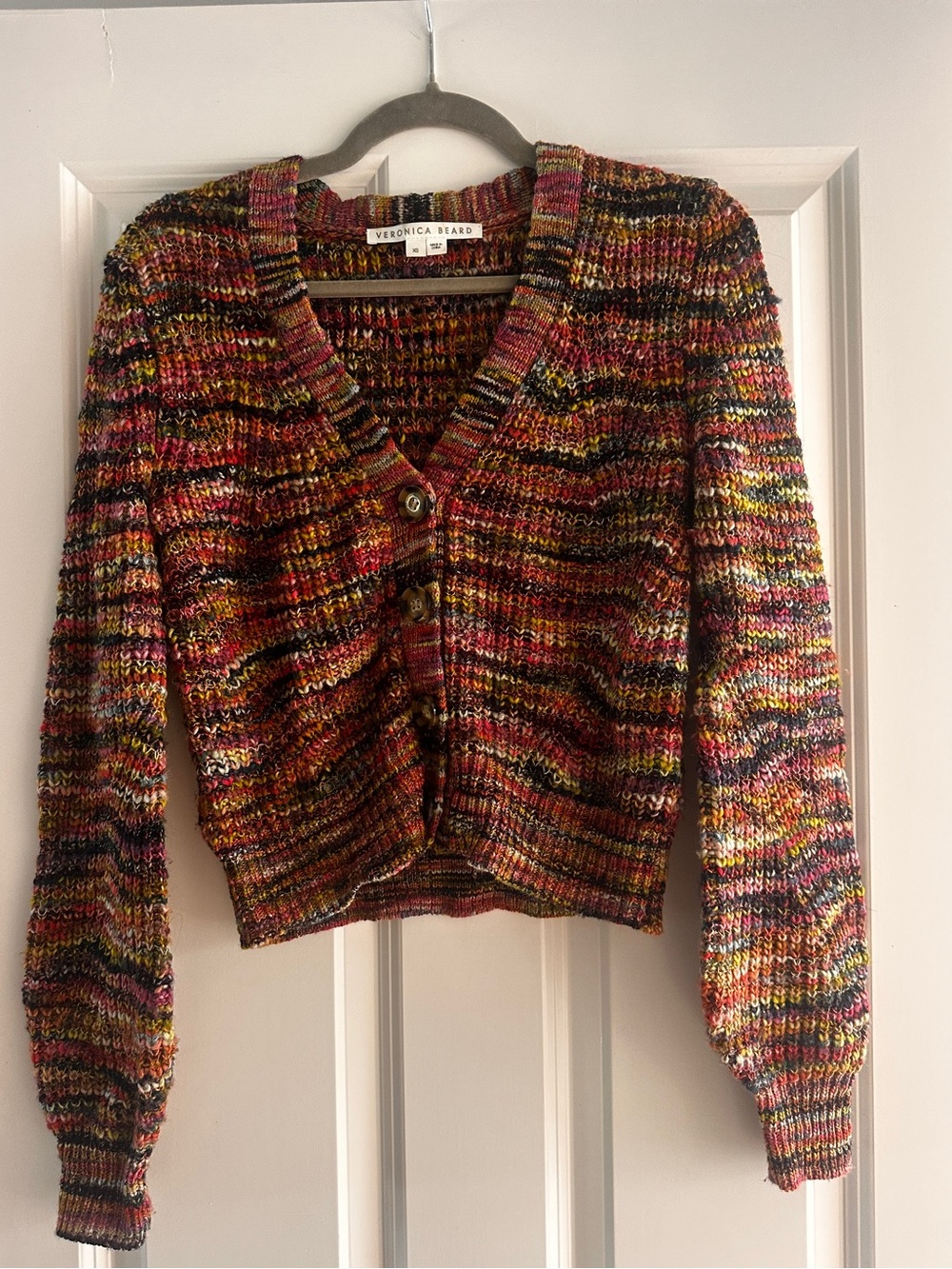 Veronica Beard Multicolor Ribbed V-Neck Button Cardigan